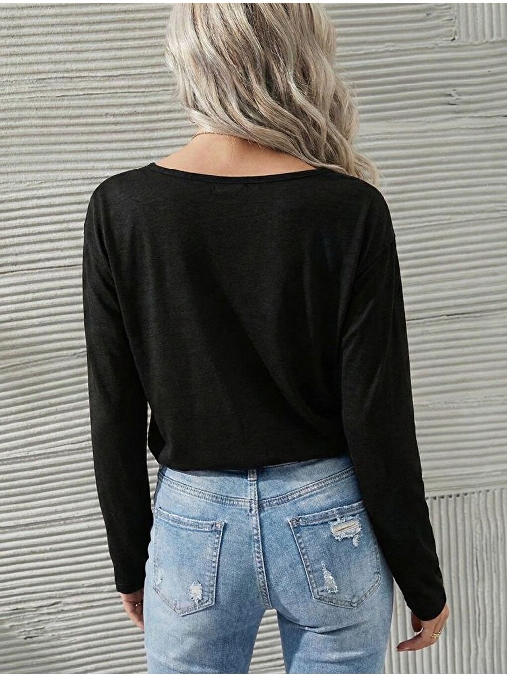 Siyah Kadın Uzun Kollu Geniş Yuvarlak Yaka Dantelli Viskon Iki Iplik Bluz-1