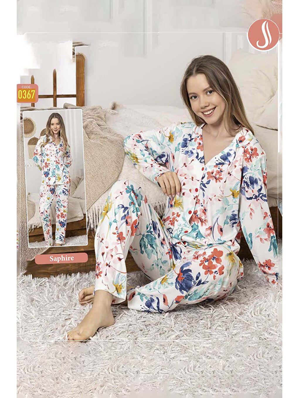 Kadın Çiçek Desen Düğmeli Saphire Pijama Takımı 0367 Ekru-3