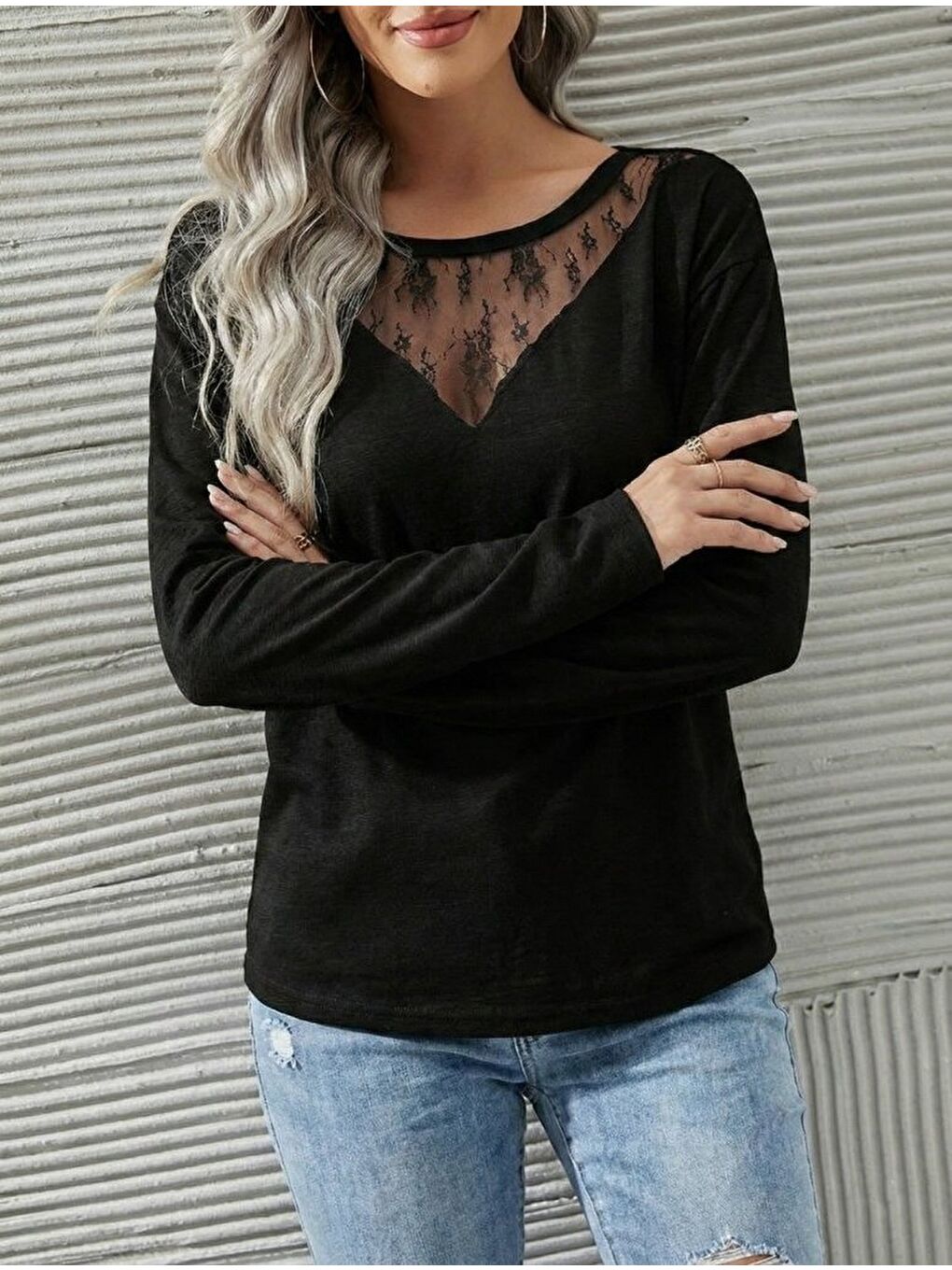 Siyah Kadın Uzun Kollu Geniş Yuvarlak Yaka Dantelli Viskon Iki Iplik Bluz-2