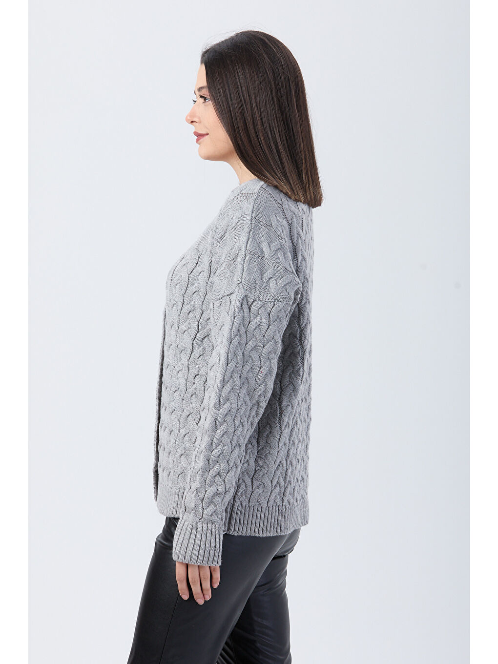 Örgülü Triko Hırka Gri - 27657-2