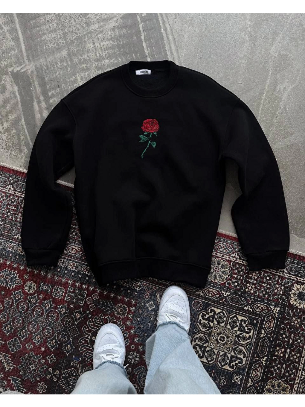 Oversize Üç İplik Bisiklet Yaka Baskılı Sweatshirt - Siyah-3