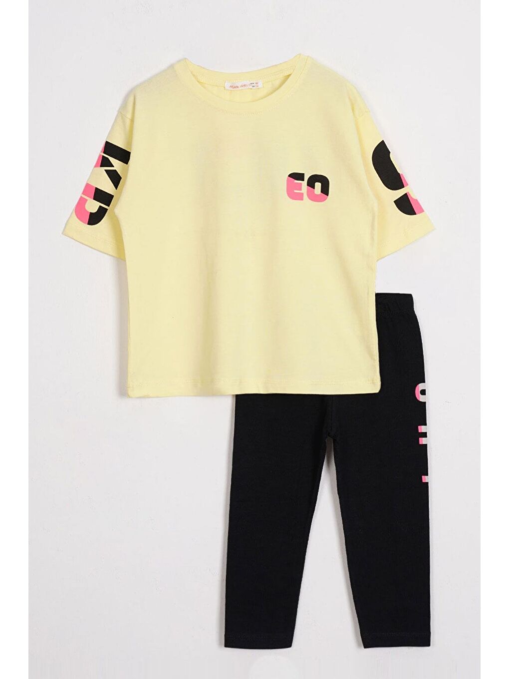 Kısa Kol Yazı Baskılı Sarı Renk Kız Çocuk Taytlı Takım