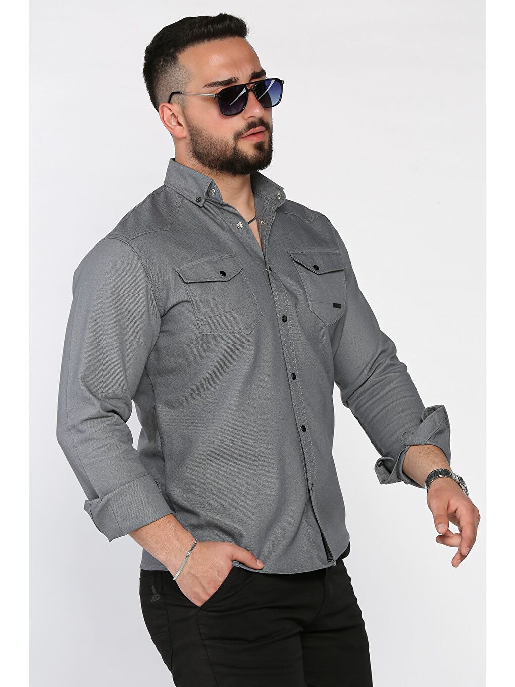 Gri Erkek Çıtçıtlı Gömlek-1
