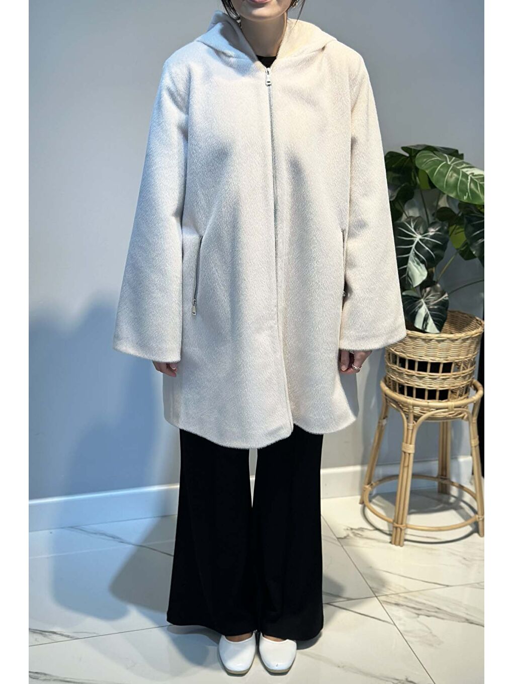 Büyük Beden Fermuar Detay Kap Ceket 2590 Ekru-1