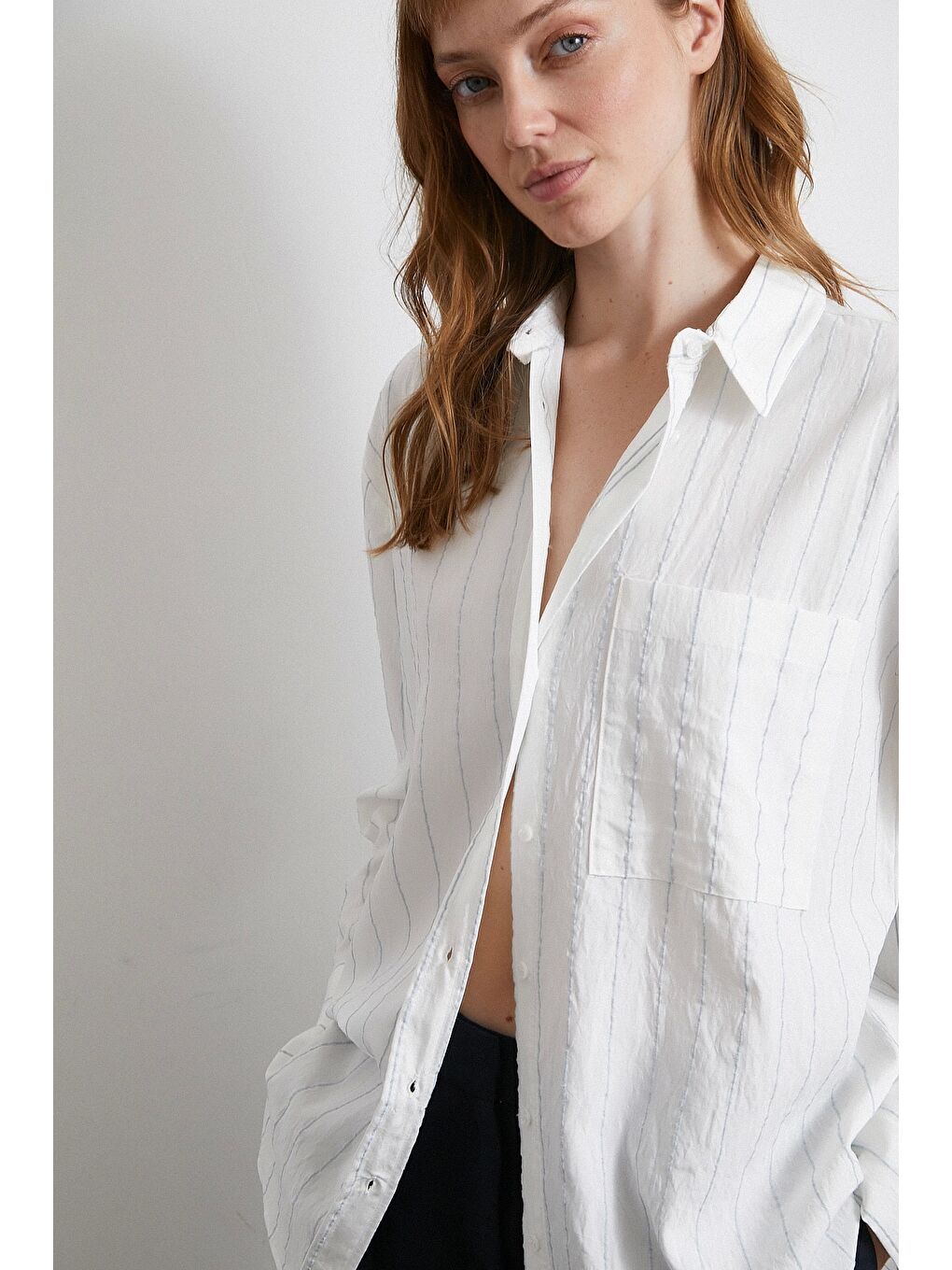 Turkuaz Çizgili Cepli Gömlek Su Yeşili-5