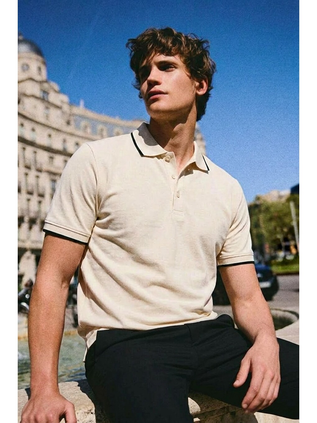 Erkek Basic Klasik Beyaz Polo Yaka Tişört-3