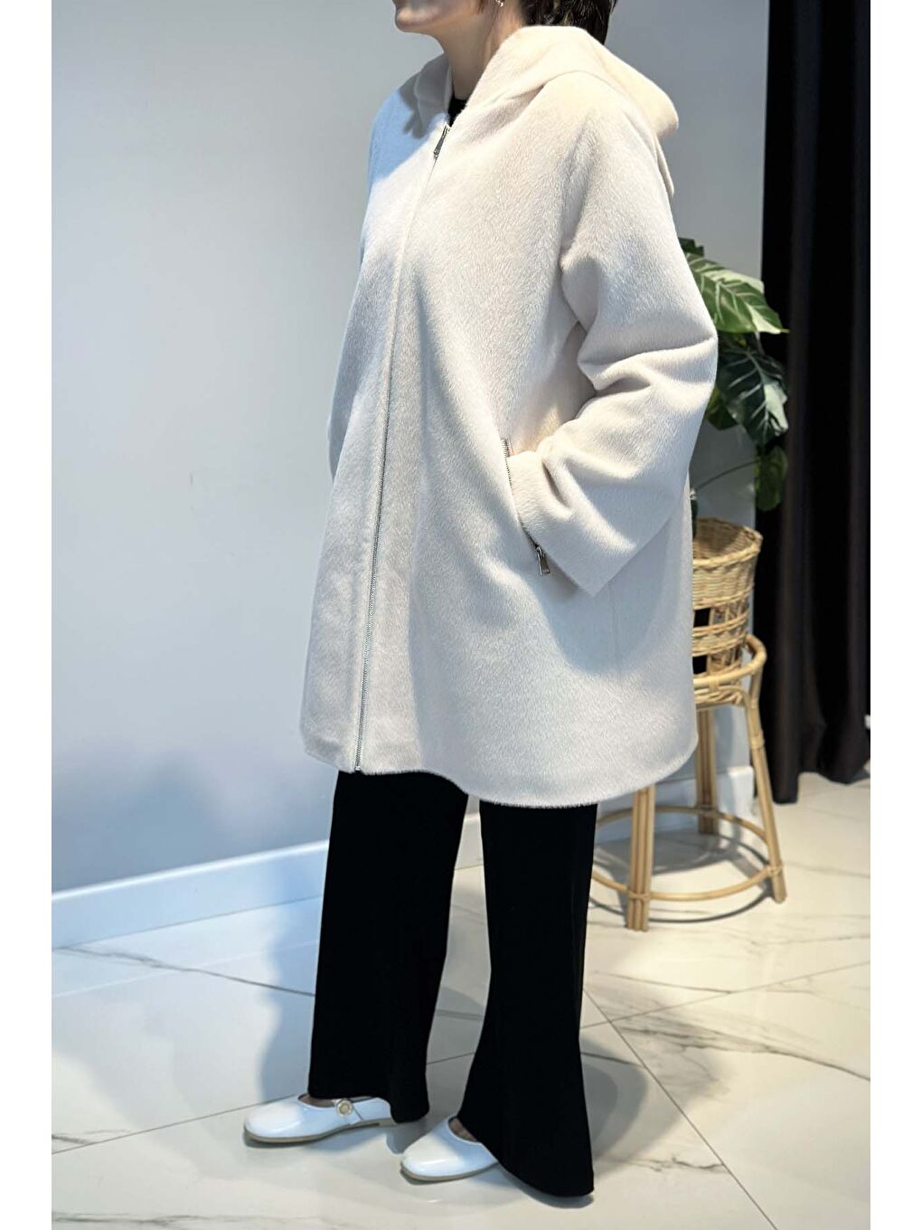 Büyük Beden Fermuar Detay Kap Ceket 2590 Ekru-2