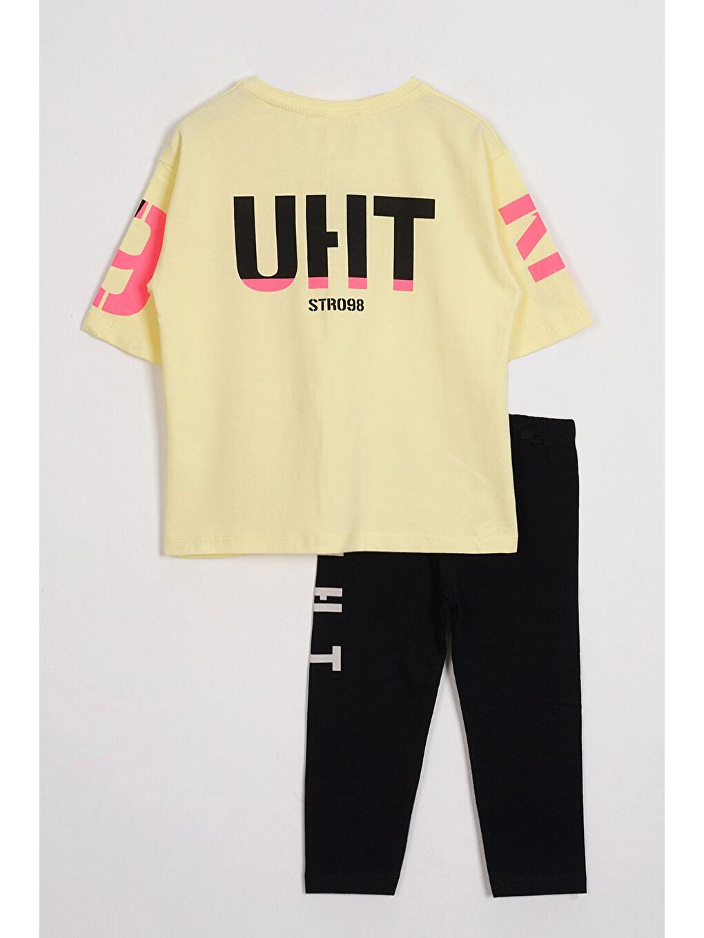 Kısa Kol Yazı Baskılı Sarı Renk Kız Çocuk Taytlı Takım-2