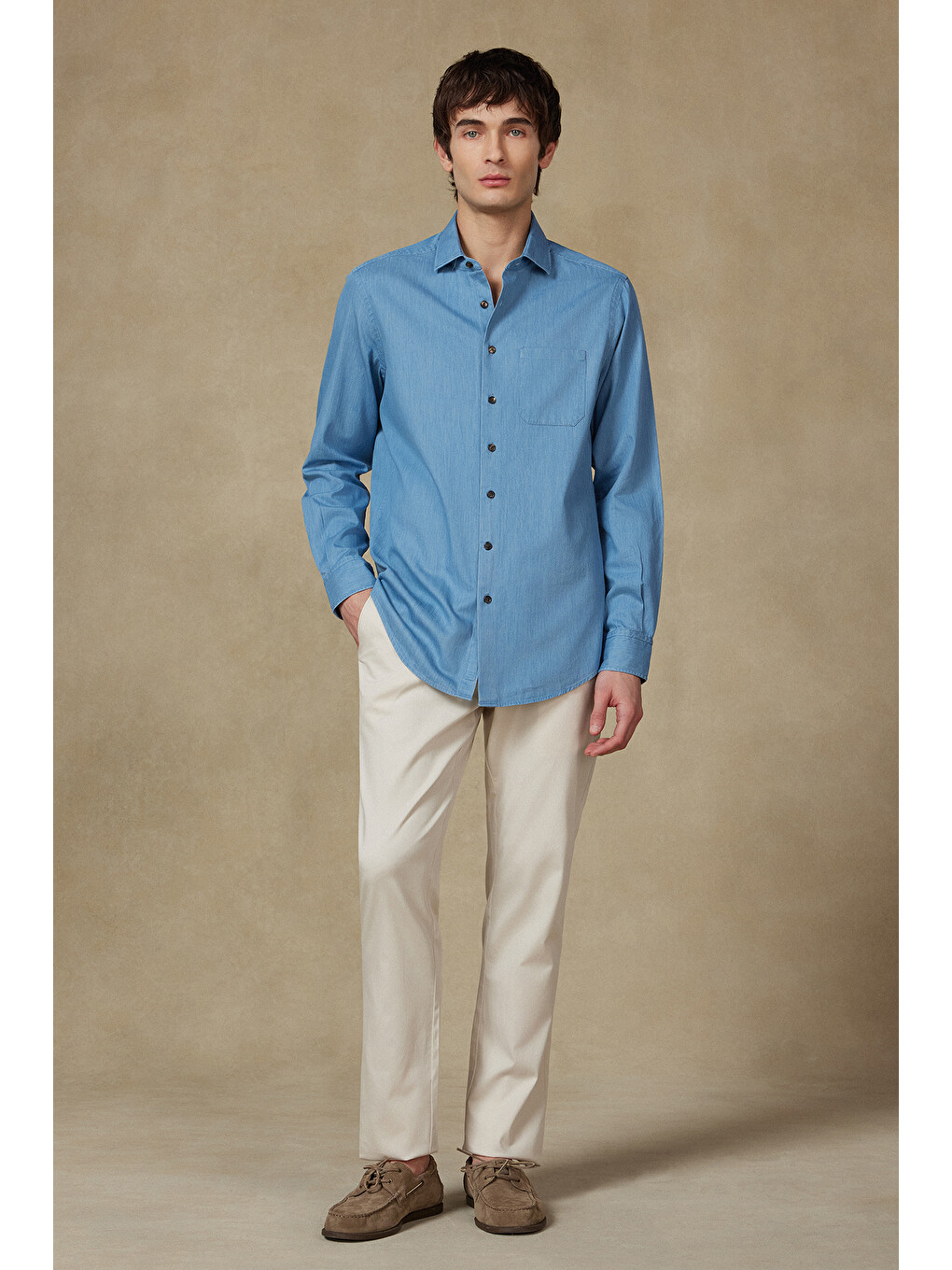 Santo Twill Pamuklu Comfort Fit Mavi Düğmeli Yaka Erkek Düz Gömlek-2