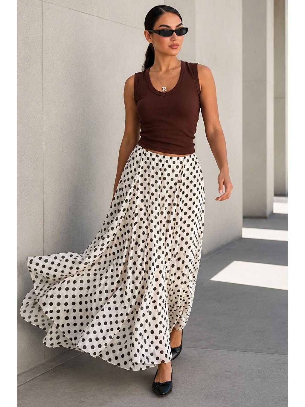 Bej Puantiye Desenli Vintage Şifon Maxi Etek Mg2776