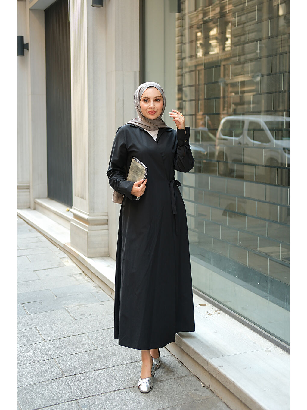 Kadın Poplin Yan Bağlamalı Elbise Siyah-2