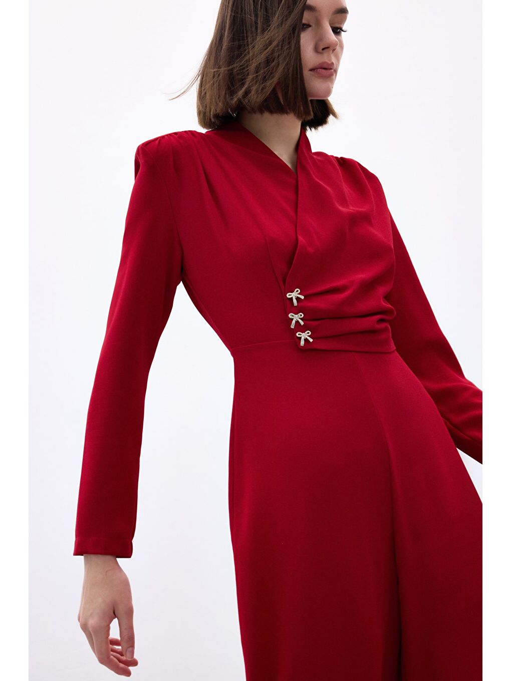 Fiyonk Aksesuarlı Krep Tulum - Kırmızı-4