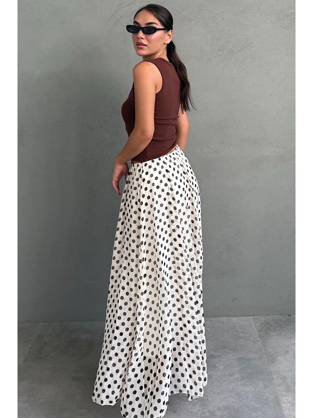 Bej Puantiye Desenli Vintage Şifon Maxi Etek Mg2776-1