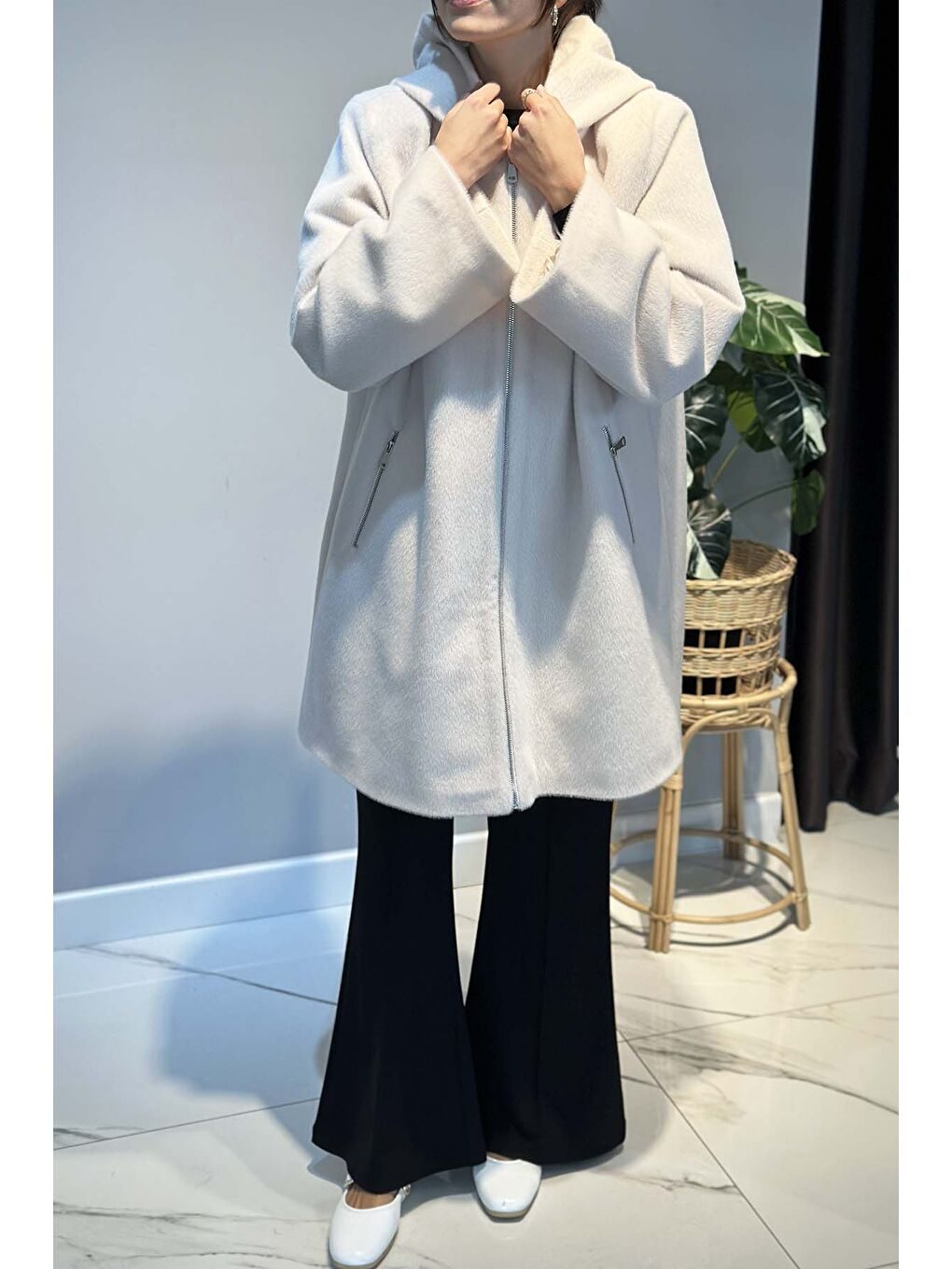 Büyük Beden Fermuar Detay Kap Ceket 2590 Ekru-4