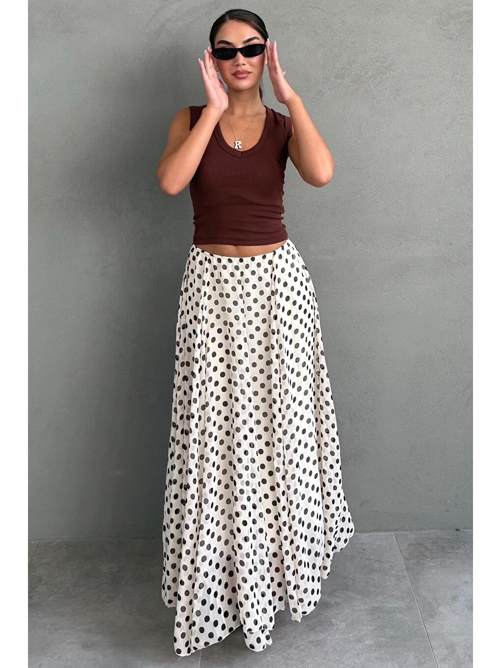 Bej Puantiye Desenli Vintage Şifon Maxi Etek Mg2776-2