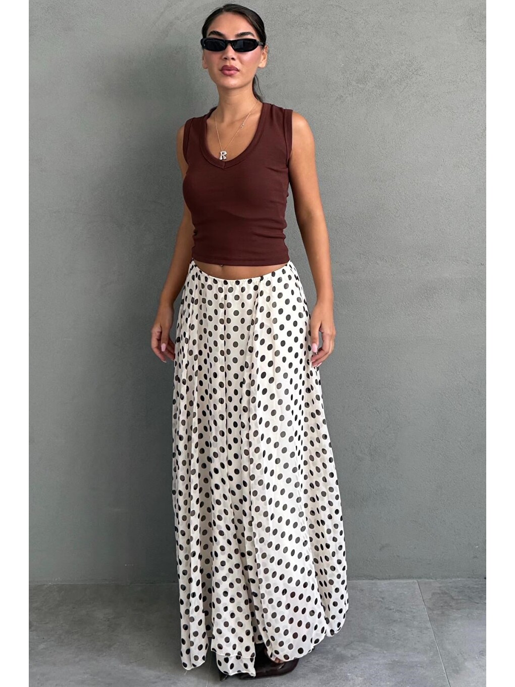 Bej Puantiye Desenli Vintage Şifon Maxi Etek Mg2776-3