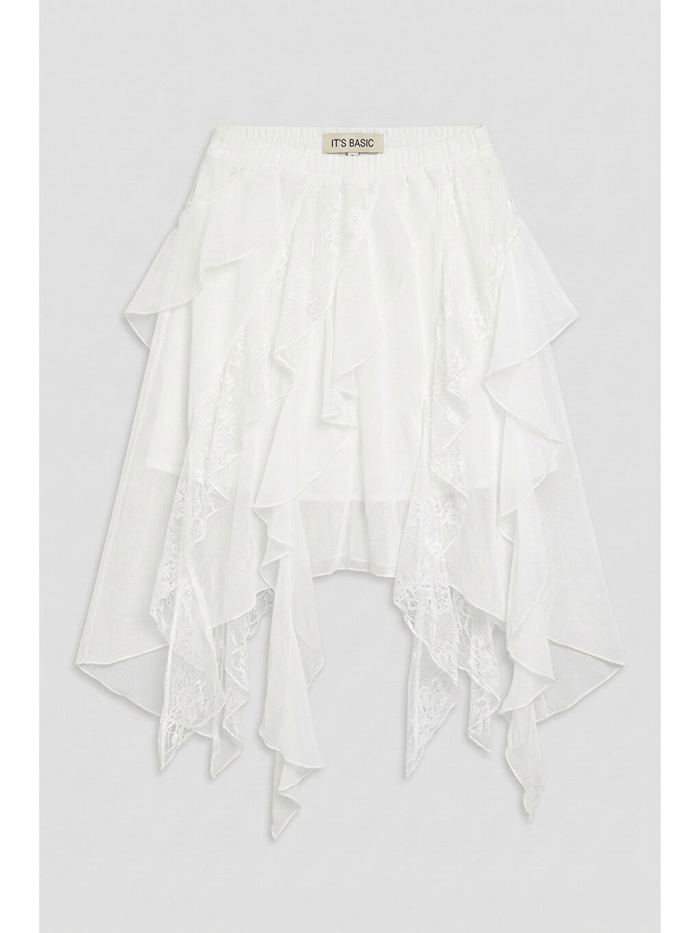 Kadın Beyaz w5 Asimetrik Kesim Dantel Tül Detaylı Özel Tasarım Etek-2