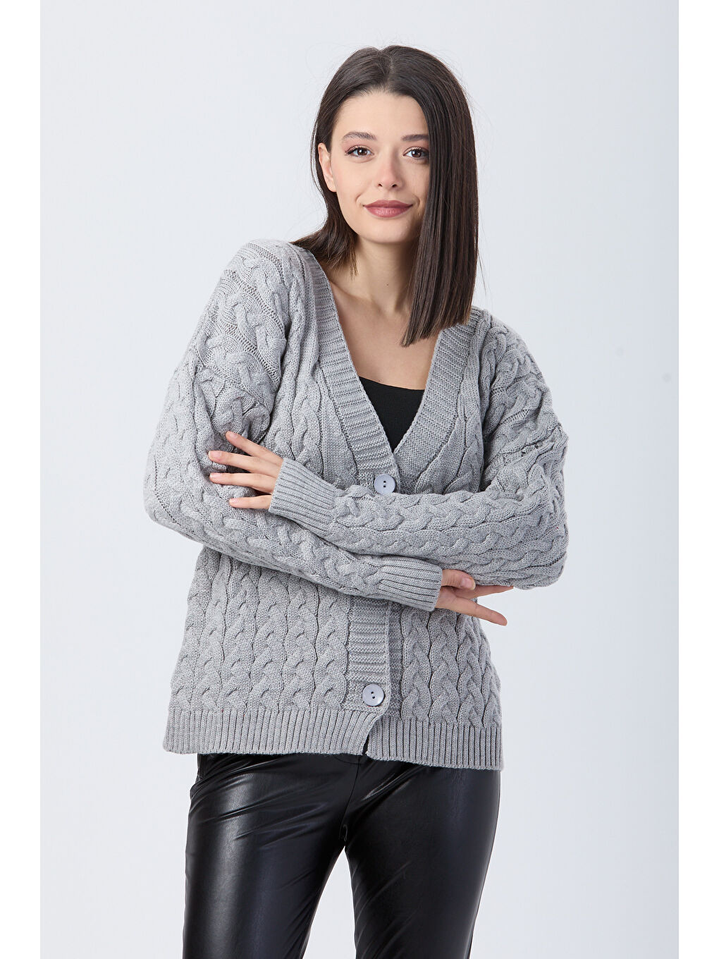 Örgülü Triko Hırka Gri - 27657-3