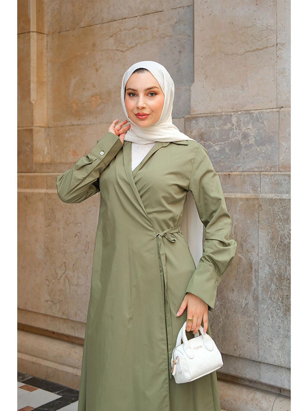 Kadın Poplin Yan Bağlamalı Elbise Haki Yeşil-1