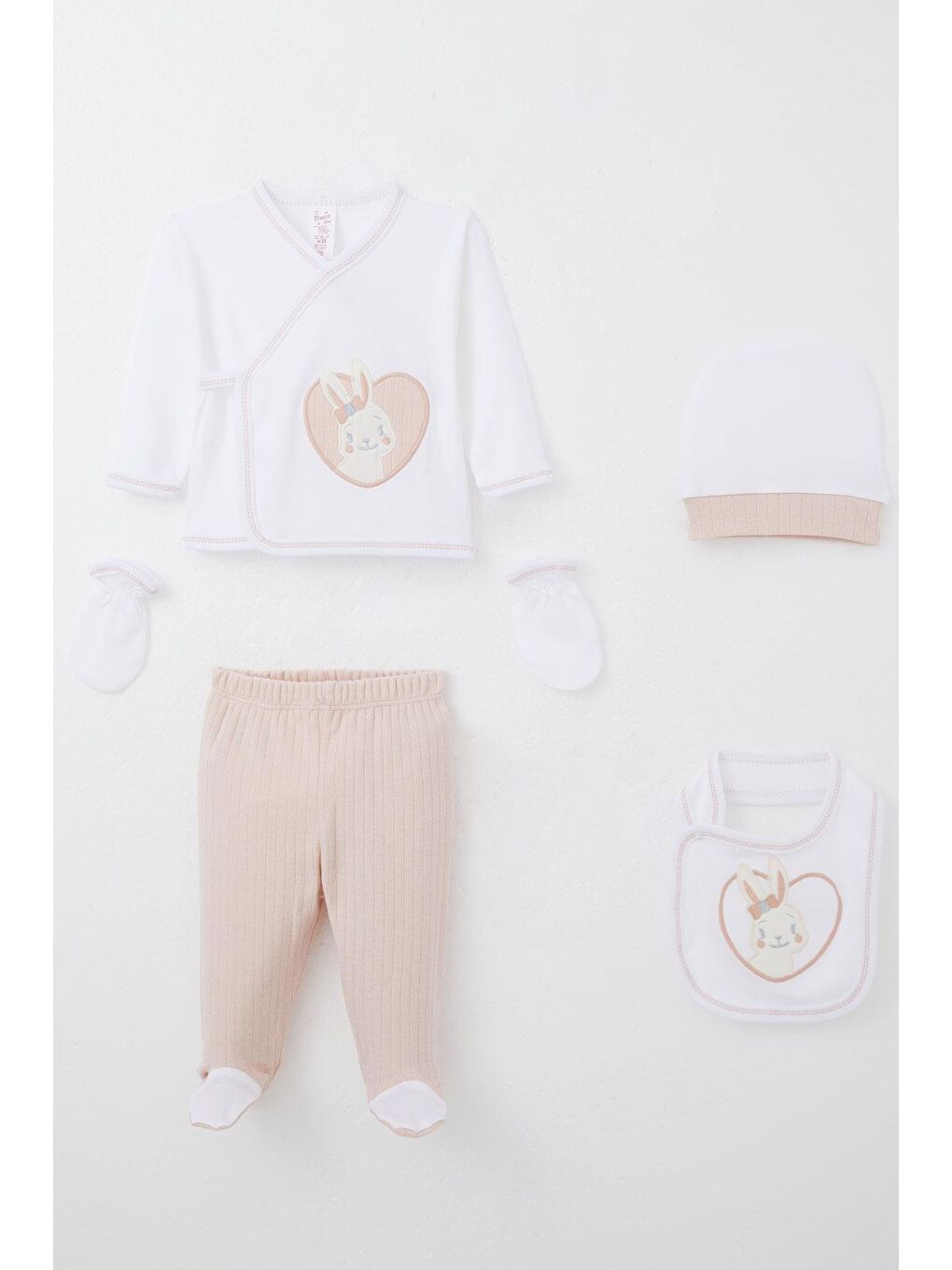 Kız Bebek Hastane Çıkışı 5 Li Sevimli Tavşancık Nakışlı Ekru (0-3 Ay)