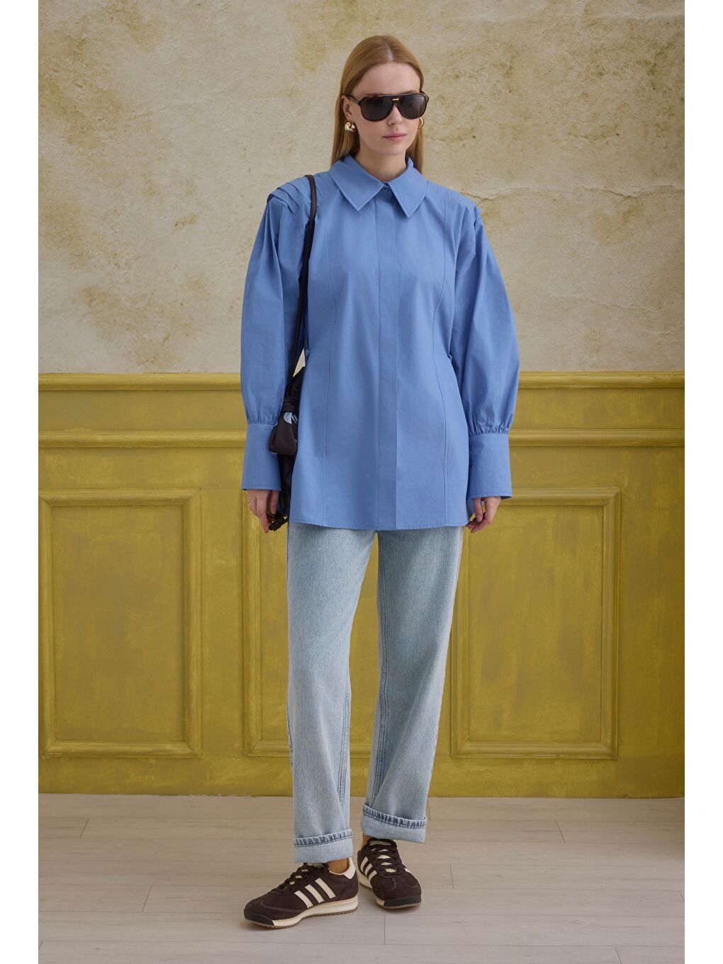 %100 Pamuk Arkası Pileli Gömlek Mavi-1