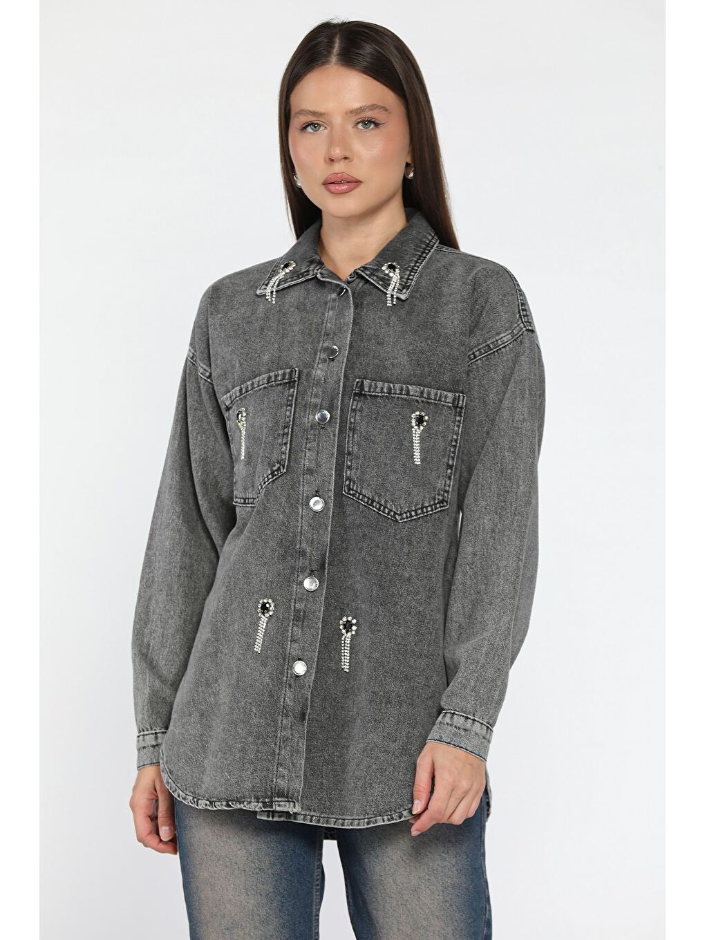 Antrasit Kadın Taş İşlemeli Çift Cepli Jean Ceket