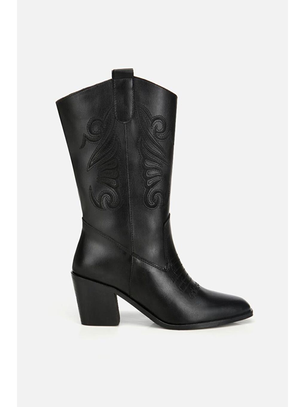 Kadın Siyah İşleme Detaylı Kovboy Western Topuklu Bot