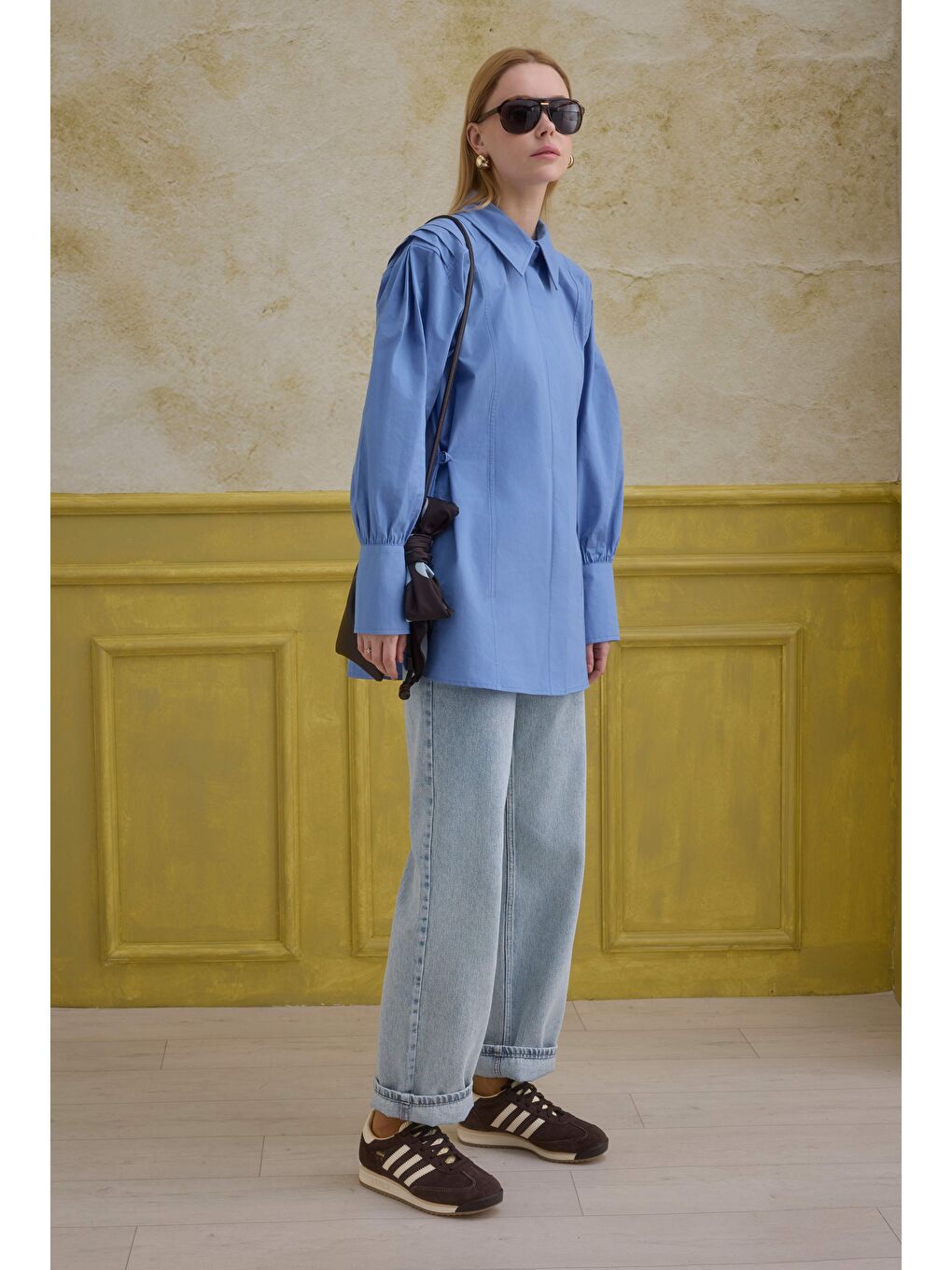 %100 Pamuk Arkası Pileli Gömlek Mavi-2