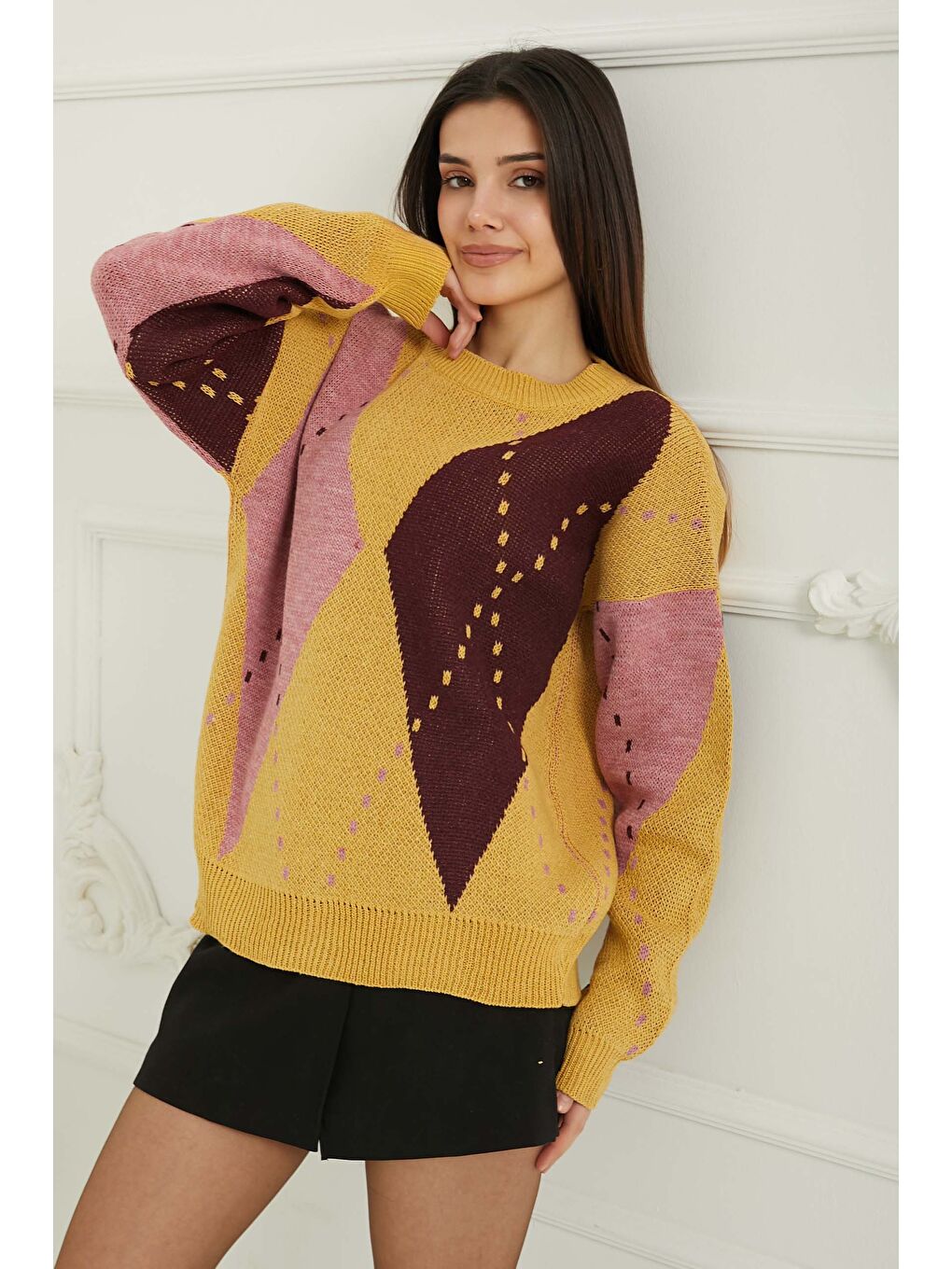 Baklava Desen Triko Kazak Açik Pembe - 27671-1