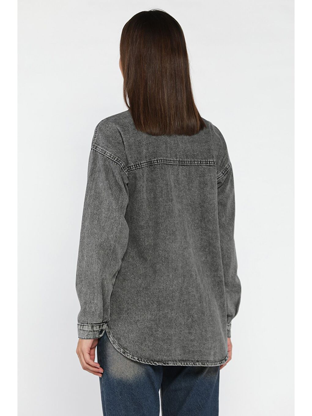 Antrasit Kadın Taş İşlemeli Çift Cepli Jean Ceket-1