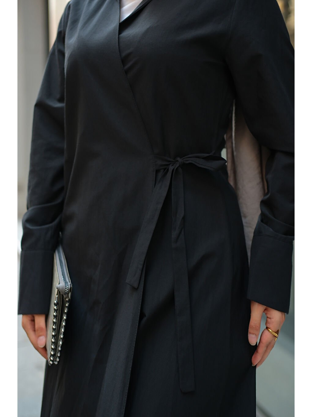 Kadın Poplin Yan Bağlamalı Elbise Siyah-3