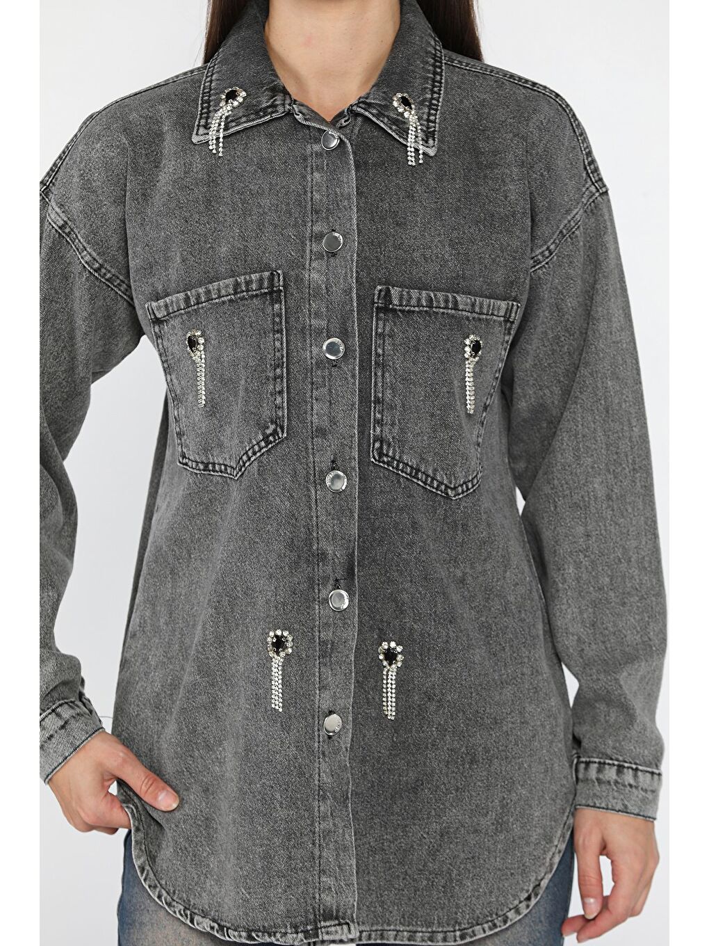 Antrasit Kadın Taş İşlemeli Çift Cepli Jean Ceket-2