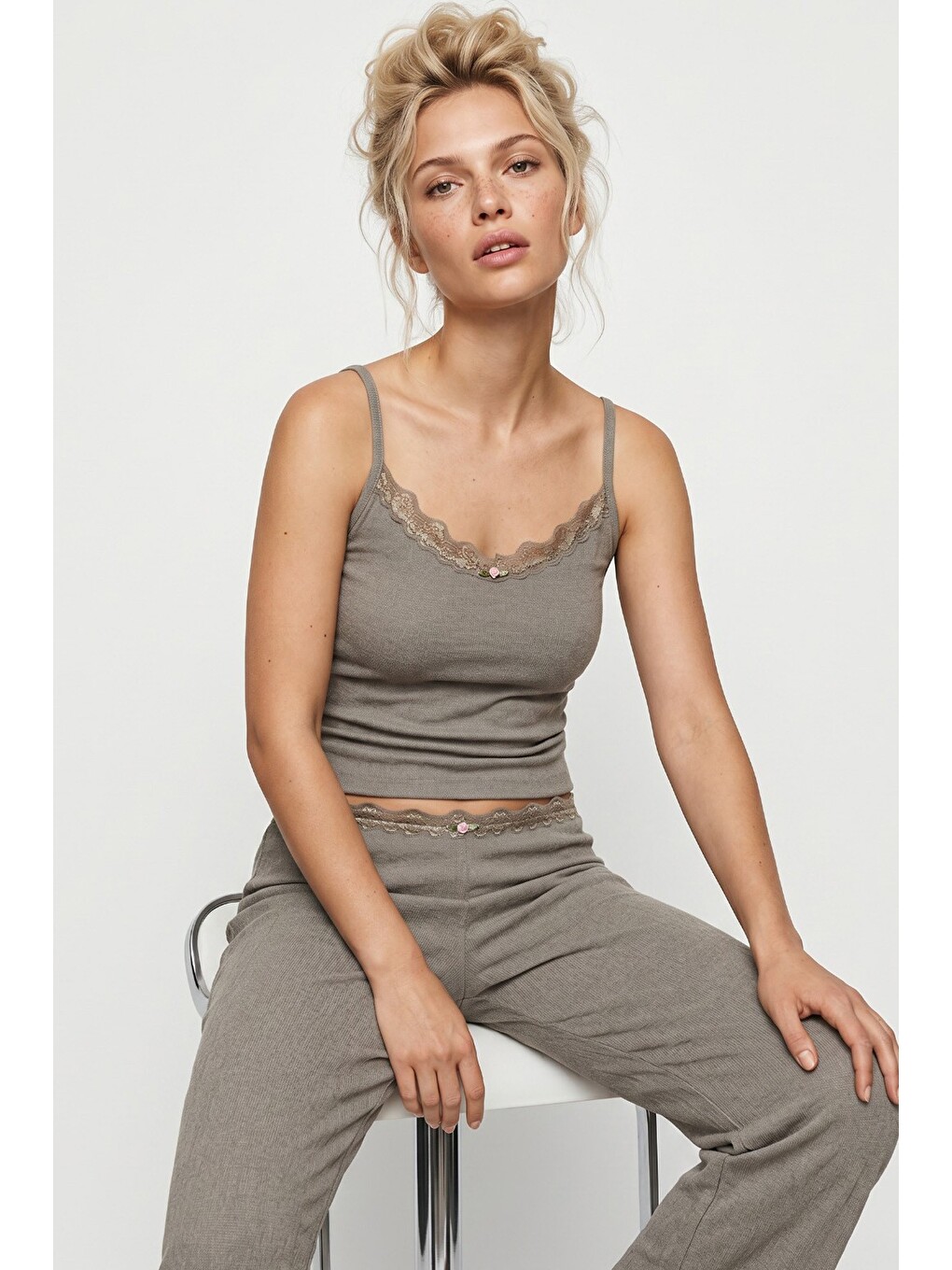 Yeşil Bürümcük-krınkıl İp Askılı Pijama Takım 8059
