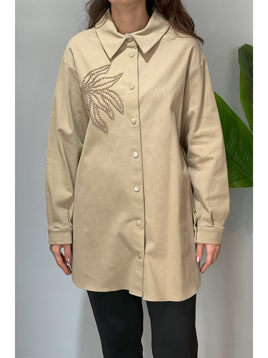 Kahverengi Boncuk Detaylı Gömlek Ceket 6021 Camel-2