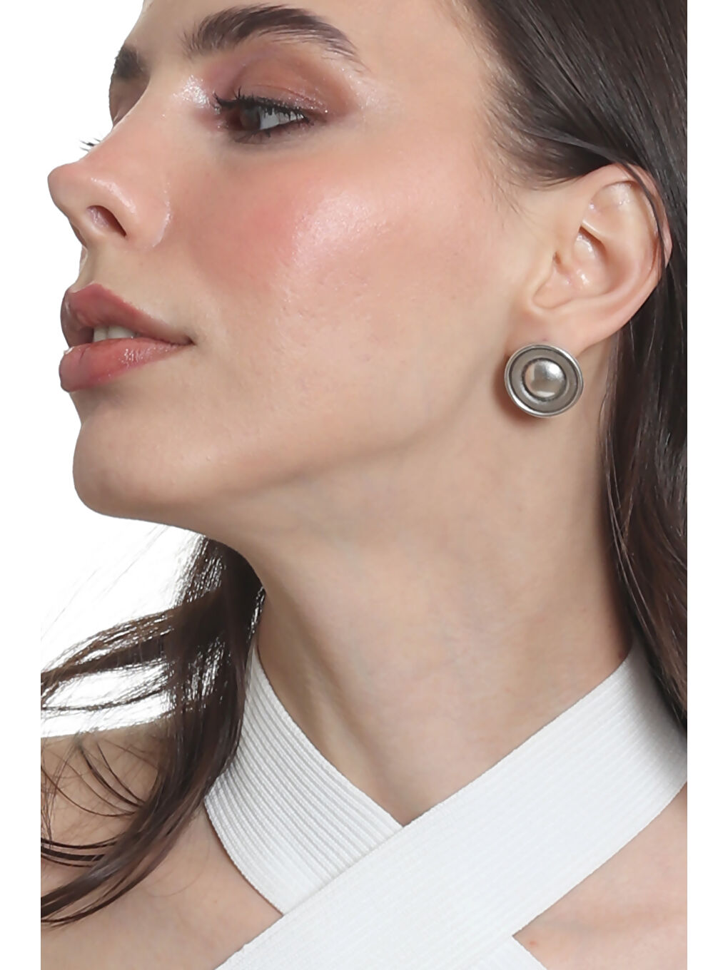 Gri Kadın Antik Gümüş Kaplama Çivili Model Düğme Küpe-3