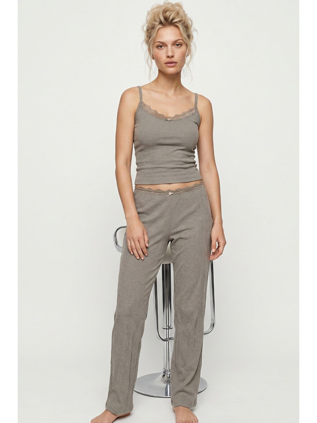 Yeşil Bürümcük-krınkıl İp Askılı Pijama Takım 8059-1