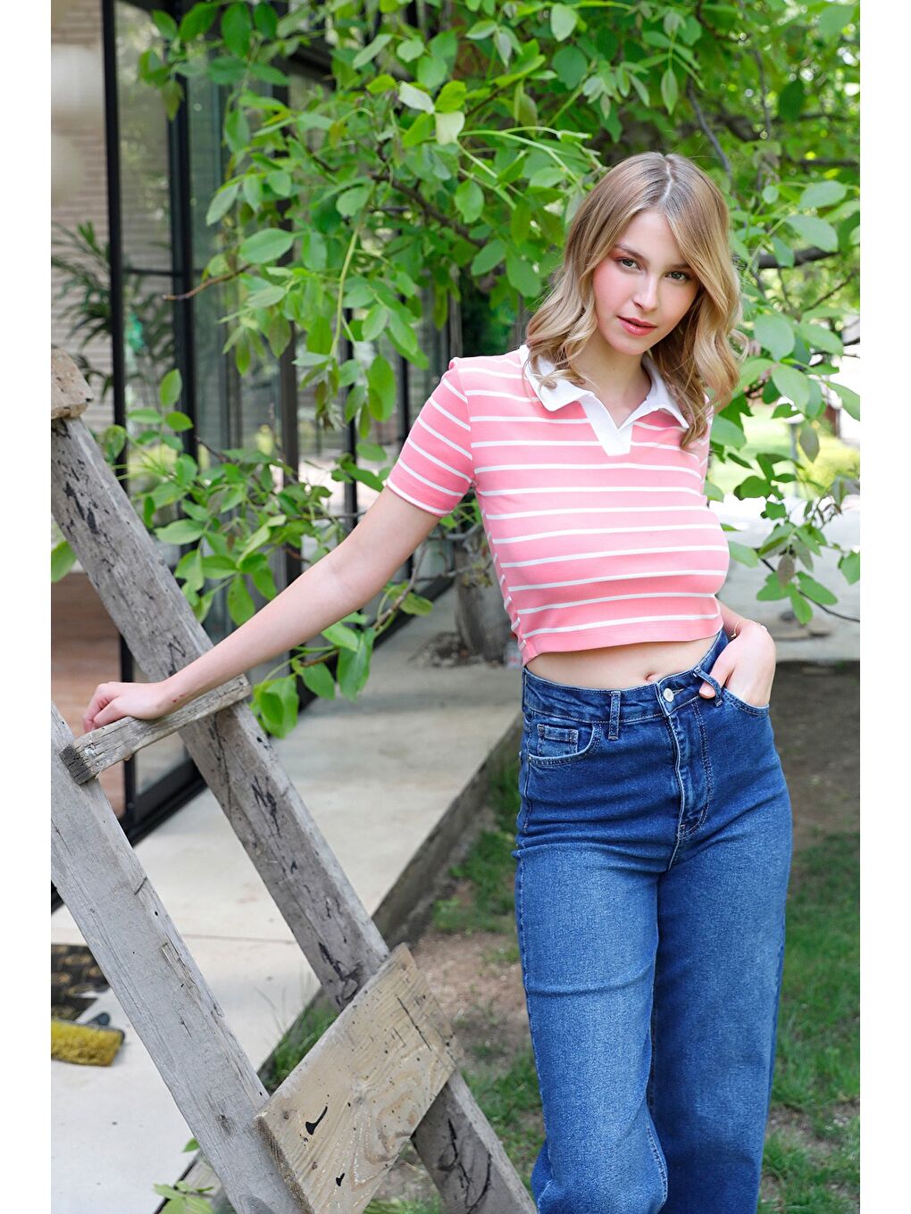 Pembe Çizgili polo Yaka Tişört-2