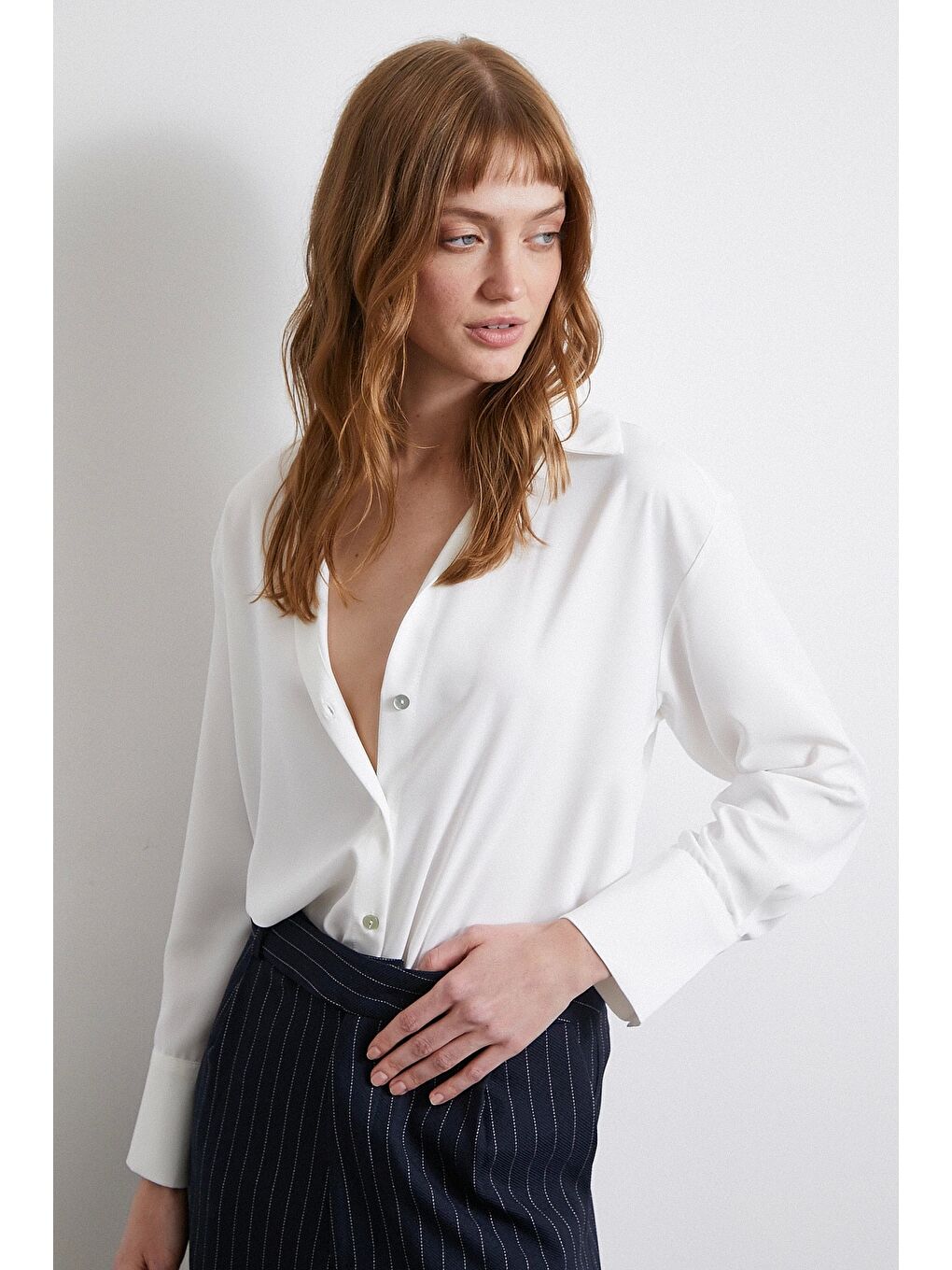 Klasik Saten Gömlek Ekru-4