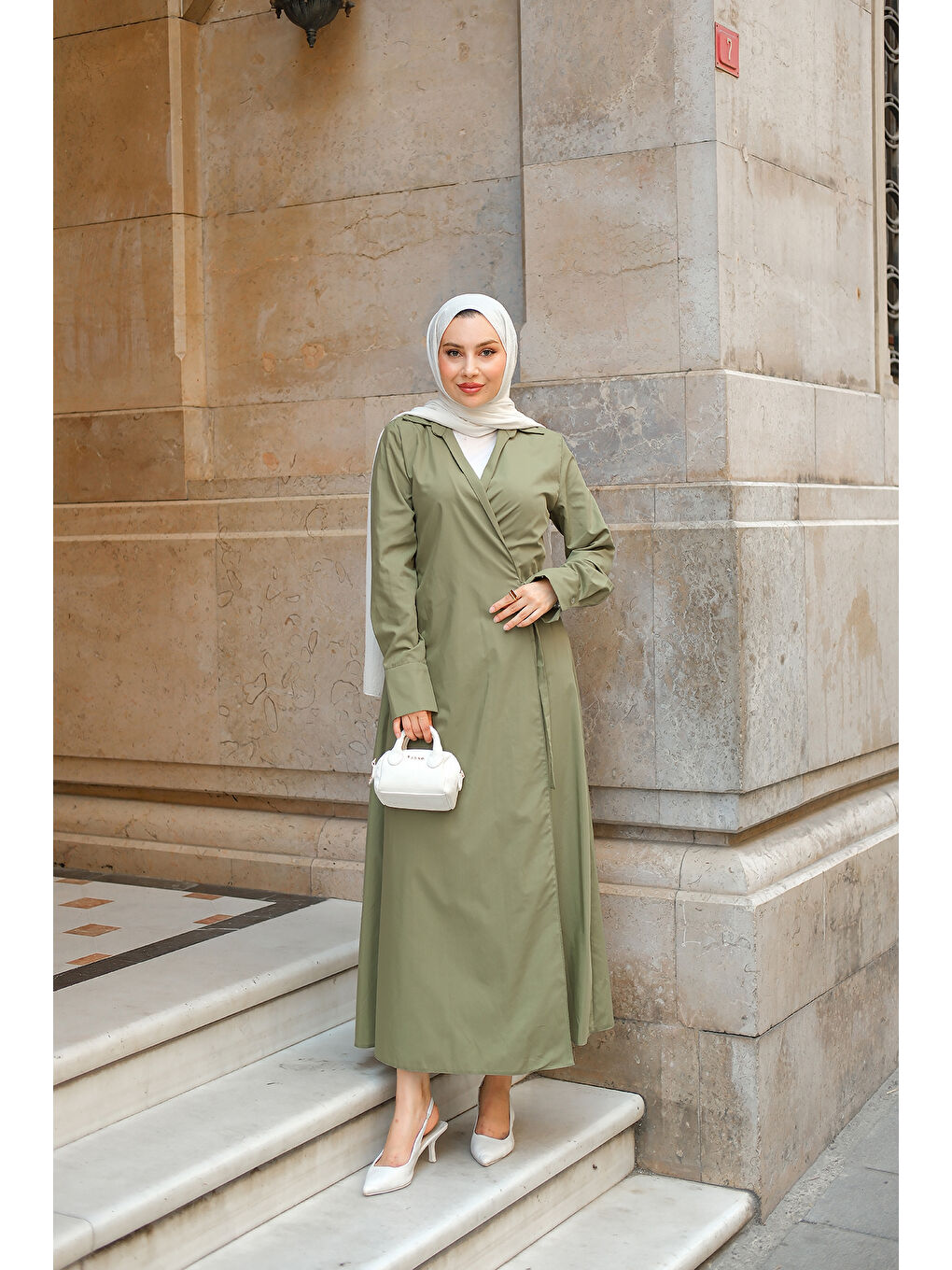 Kadın Poplin Yan Bağlamalı Elbise Haki Yeşil-2