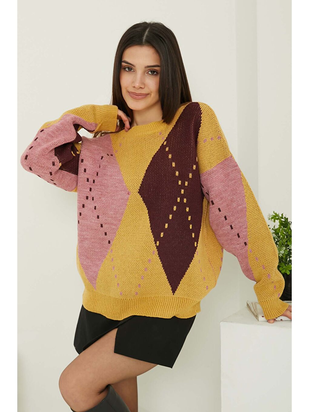 Baklava Desen Triko Kazak Açik Pembe - 27671-2