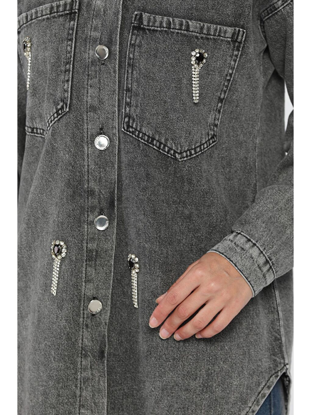 Antrasit Kadın Taş İşlemeli Çift Cepli Jean Ceket-3