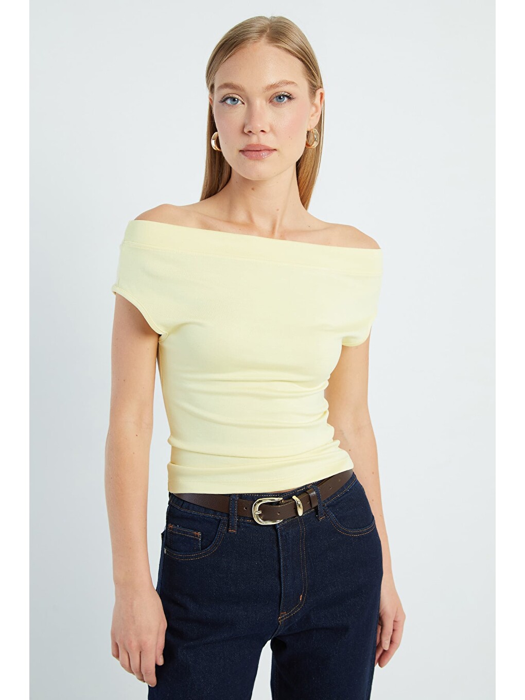 Sarı Basic Madonna Yaka Slim Fit Bluz-1