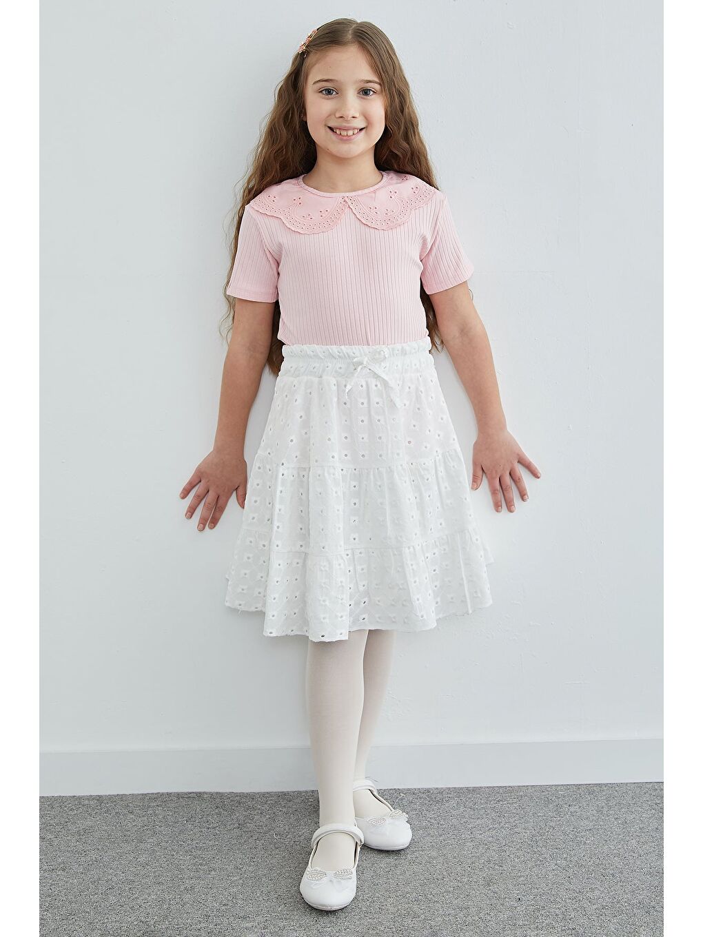 Beyaz Beli Lastikli Brode Detaylı Kız Çocuk Etek-2