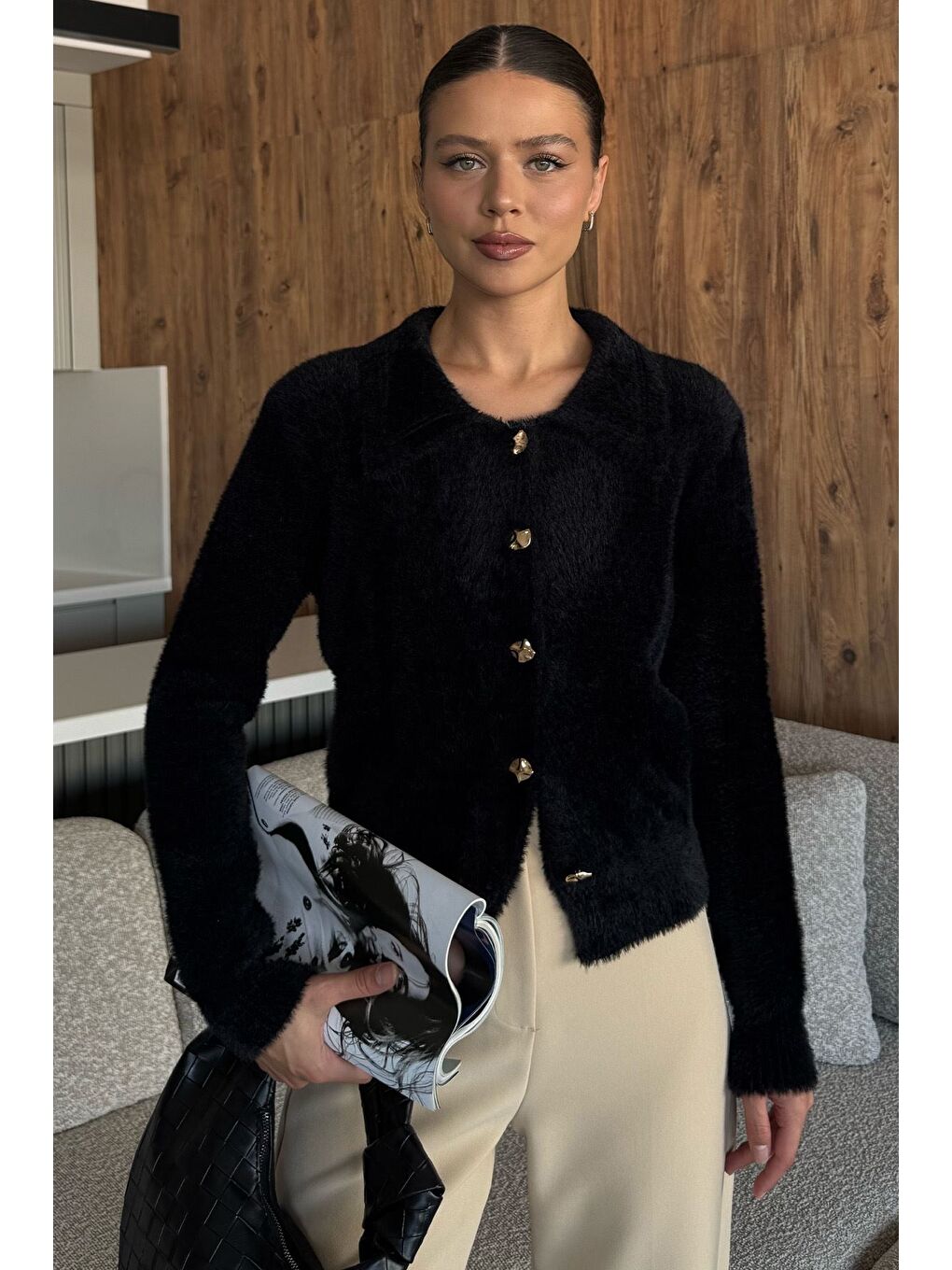 Siyah Kadın Yumoş İplik Triko Ceket (s-m-l Uyumludur)-1