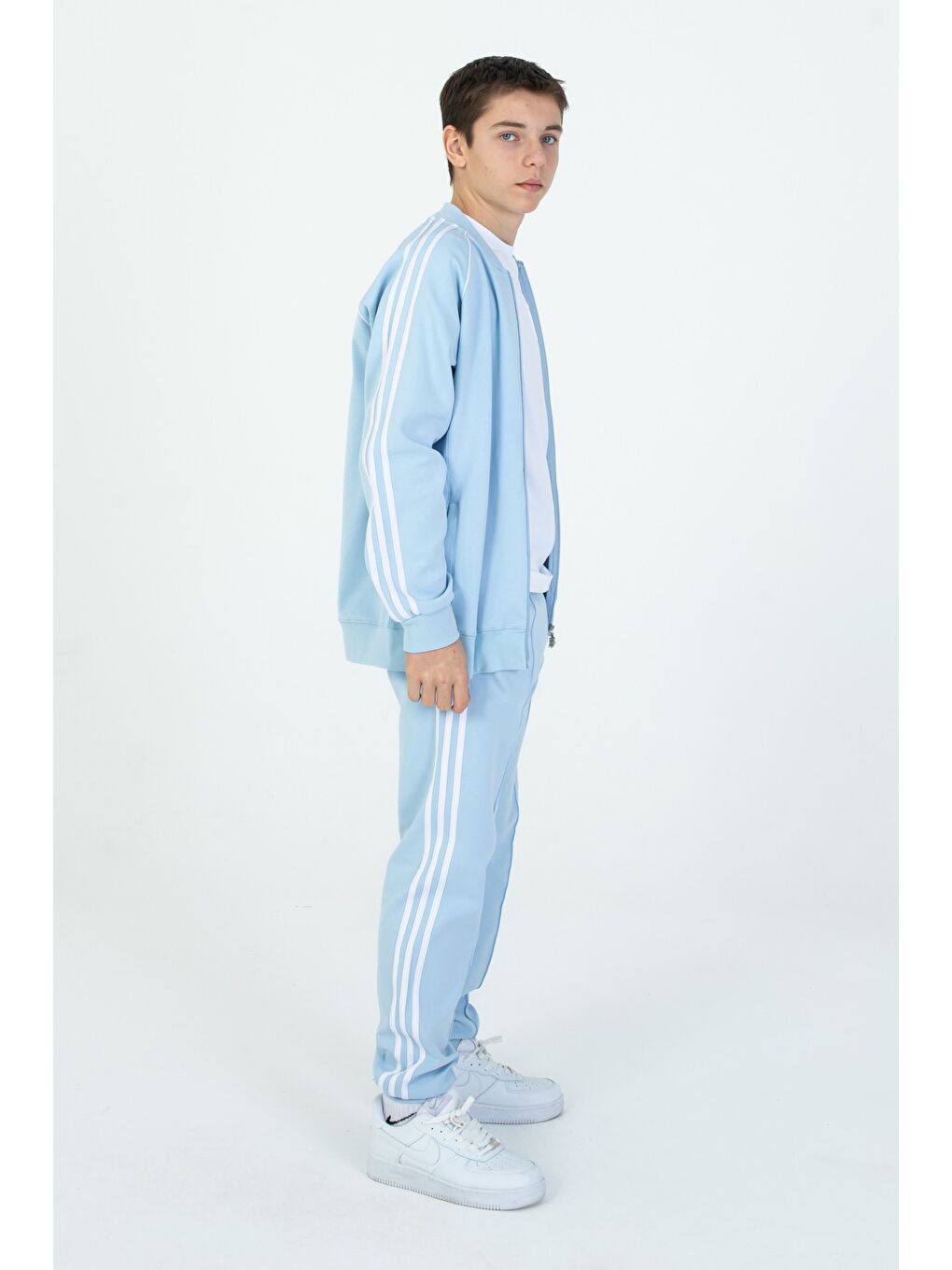 Mavi Kol Şerit Detaylı Fermuarlı Cift Cepli 3'Lü Eşofman Takım-1