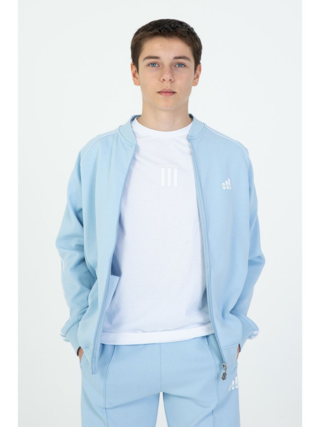 Mavi Kol Şerit Detaylı Fermuarlı Cift Cepli 3'Lü Eşofman Takım-2