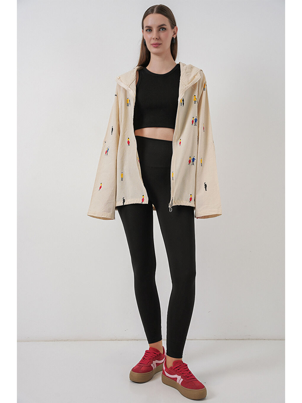 Kadın Kapüşonlu Desenli Keten Ceket 0736 - Ekru-2