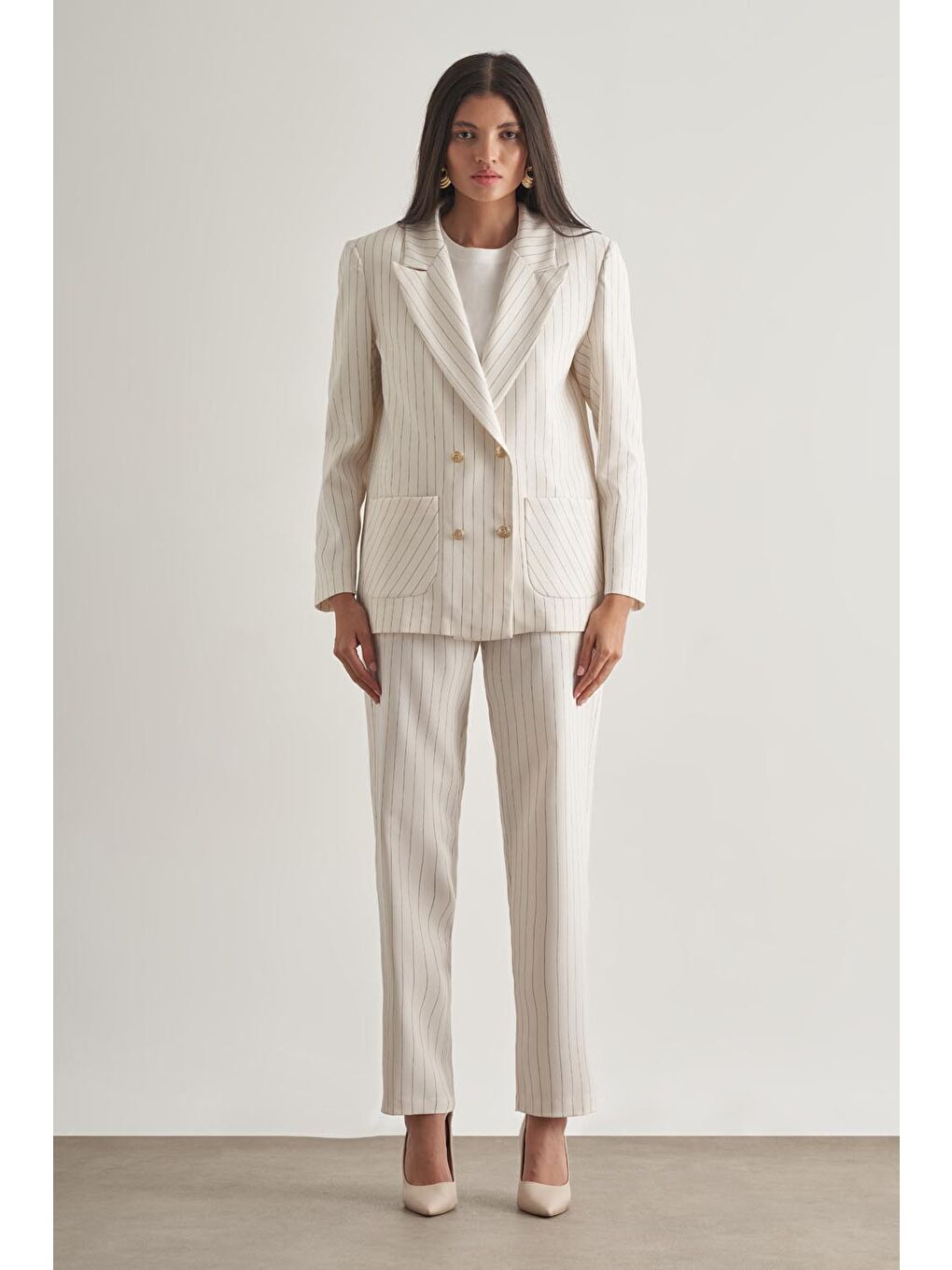 Çizgili Ekru İpli Rahat Yazlık Pantolon-2