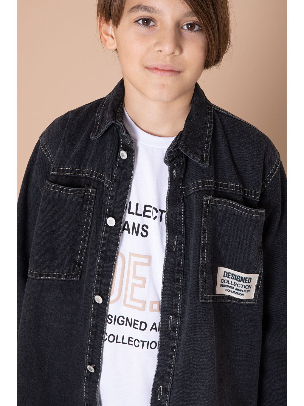 Gri Erkek Çocuk Füme Armalı Cepli Bisiklet Yaka Tişörtlü Jean Gömlek 20098-1