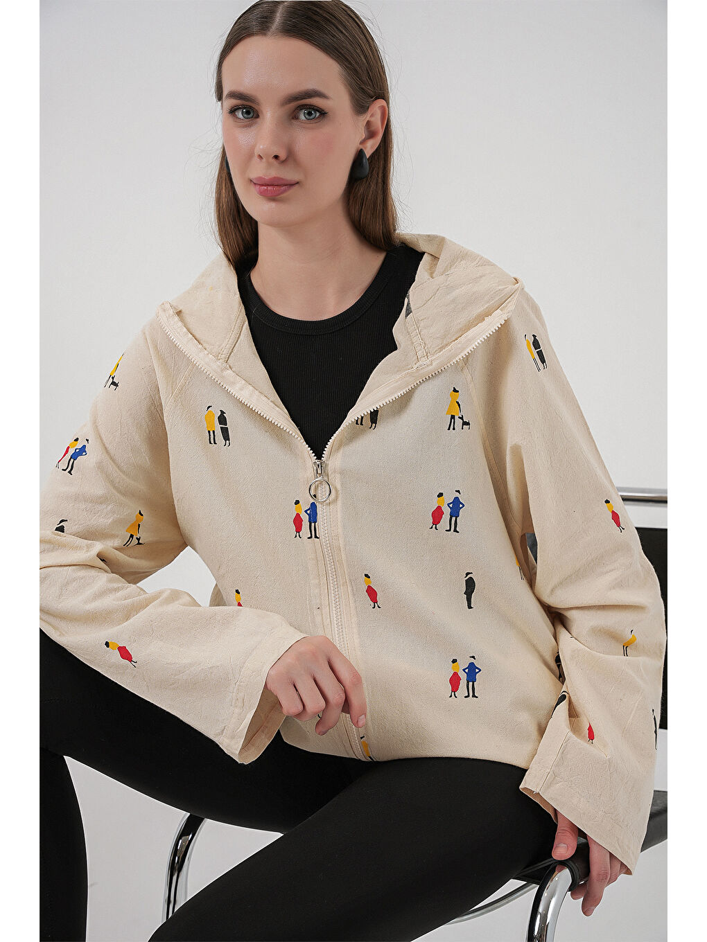 Kadın Kapüşonlu Desenli Keten Ceket 0736 - Ekru-3